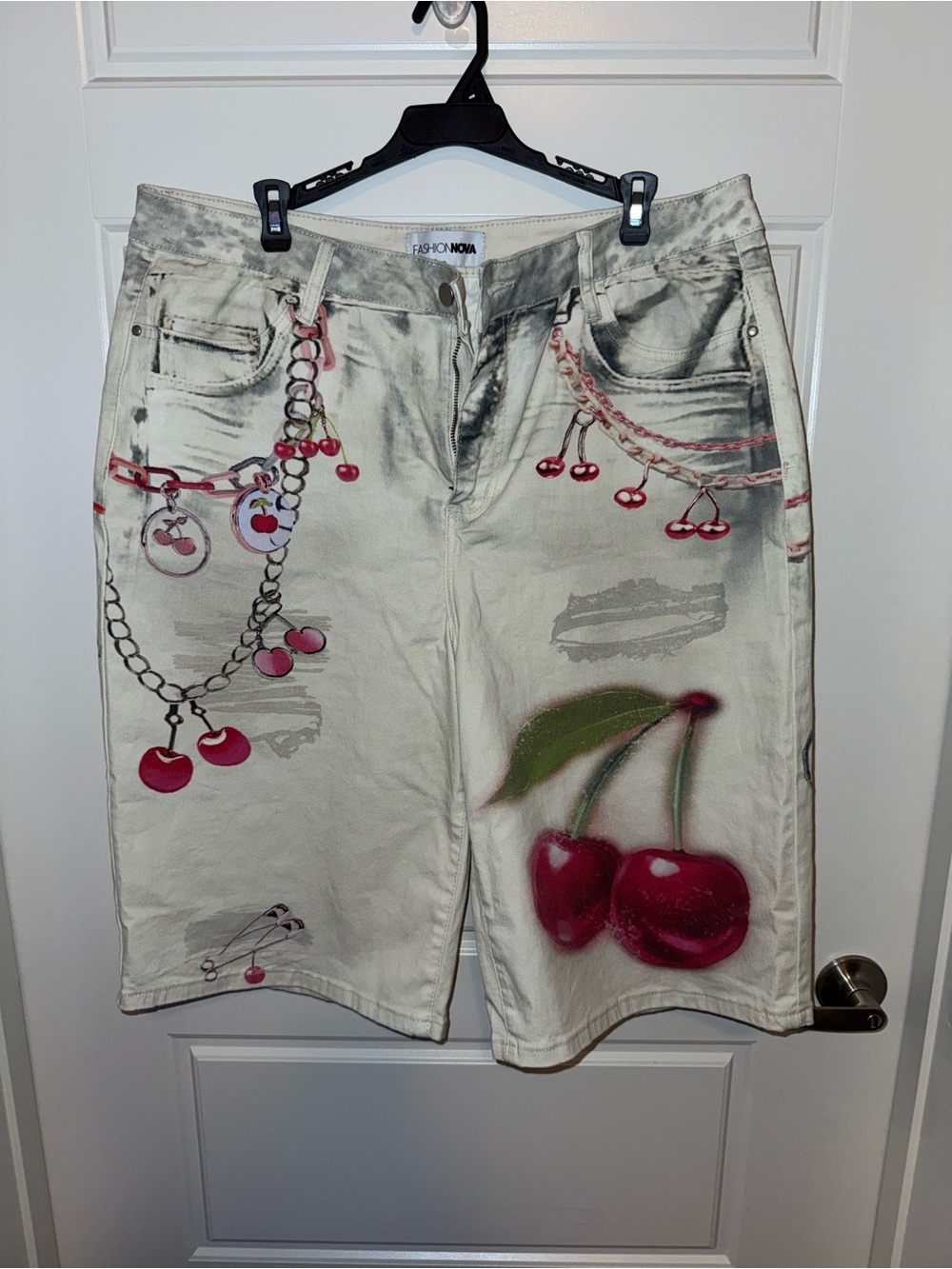 Fashion Nova Cream Jean Shorts with Red Cherry Graphics